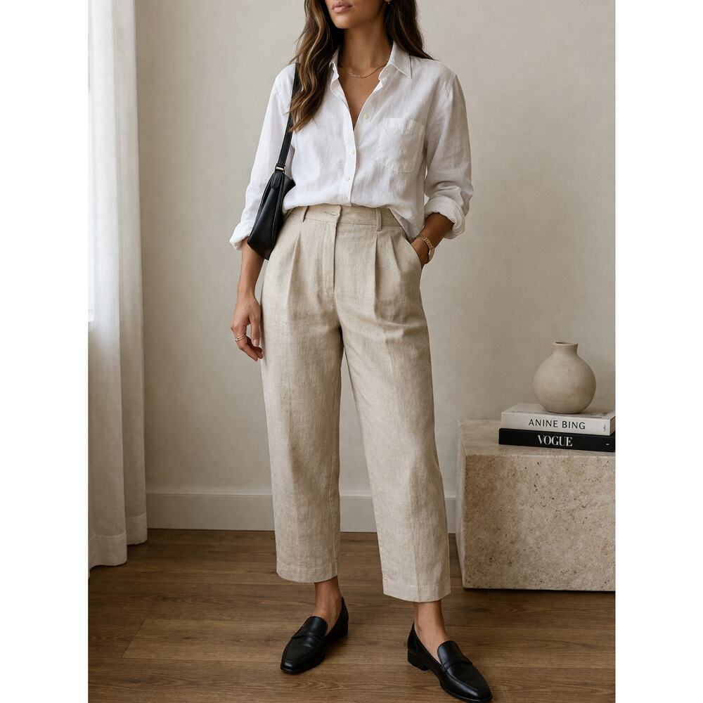 ANINE BING Linen Blend Cropped Trousers Neutral Beige EU 36/ Sz 4 90s Minimalism